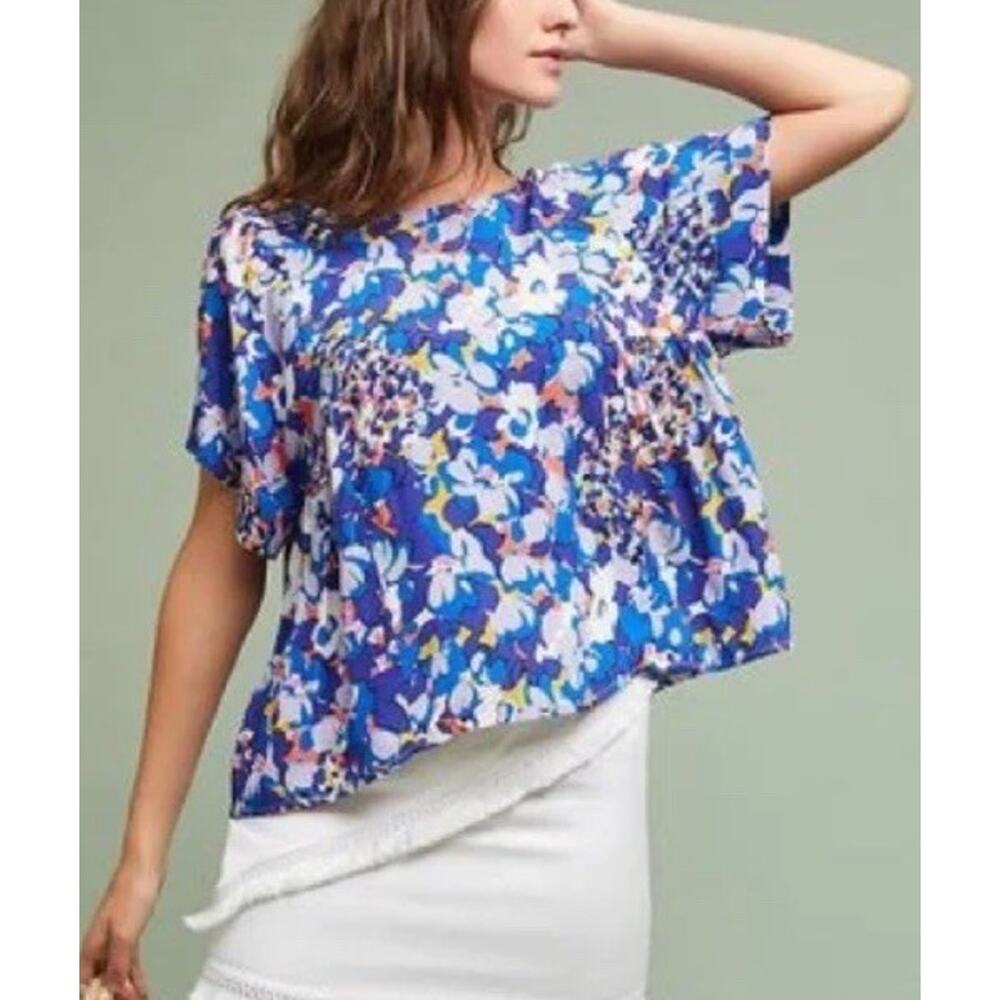 Anthropologie Maeve Milla Swing Top Womens XS Blue Abstract Floral Boho‎ Blouse